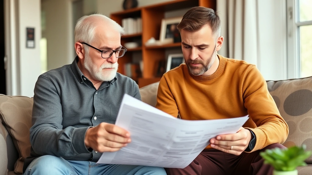 inheritance tax ohio -
Senior man and adult son reviewing financial statements and inheritance informa