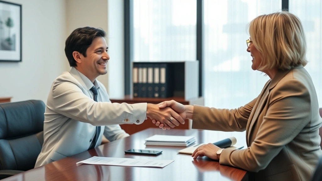 inheritance tax virginia - 
Handshake between estate executor and beneficiary in formal legal office settin