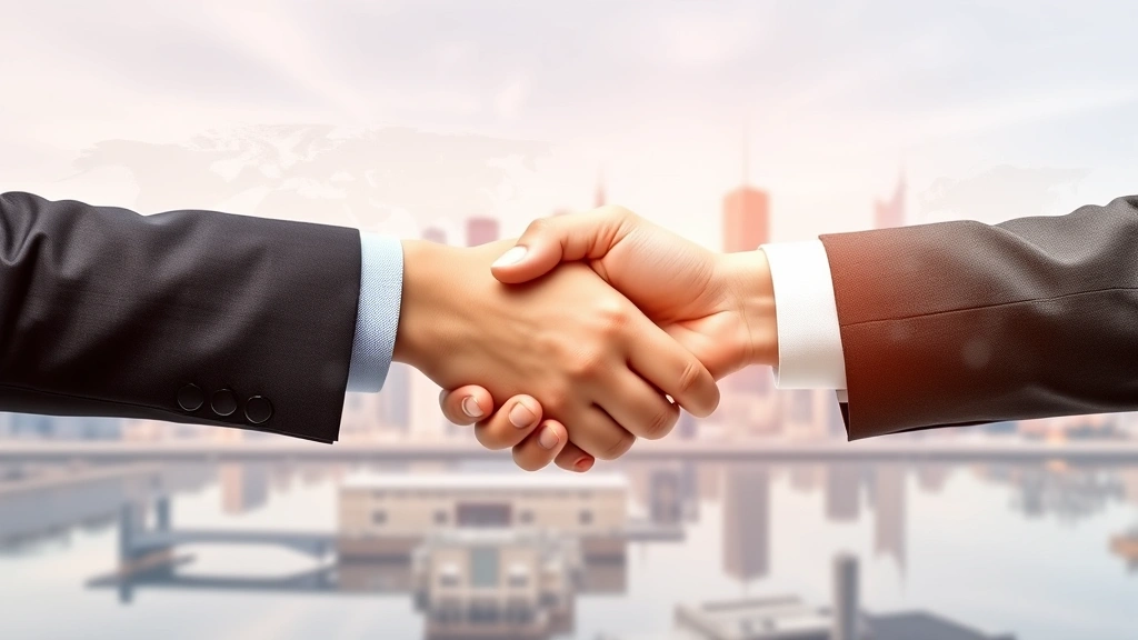 international tax planning -
Handshake between professionals with city skyline and world map in background,