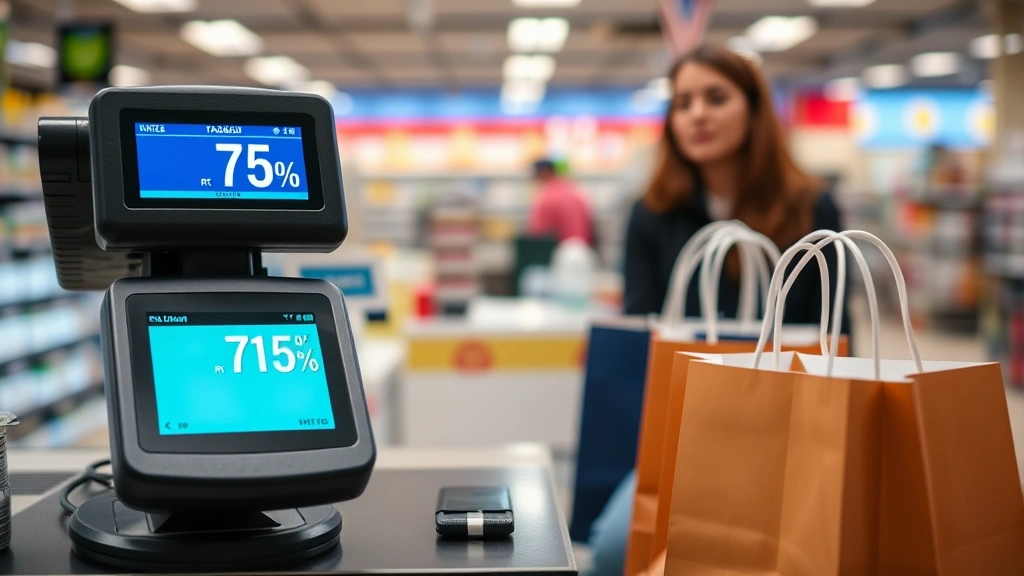 irvine ca sales tax - 
Retail checkout counter with register displaying 7.75% tax rate, shopping bags 