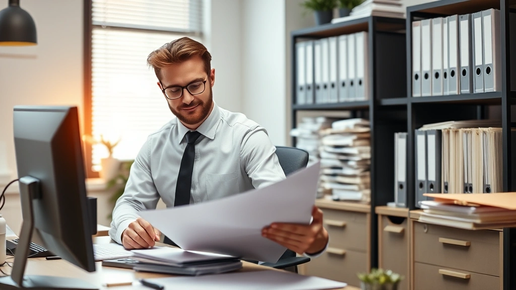 irvine ca sales tax - 
Business owner in office reviewing tax compliance documents with filing system 