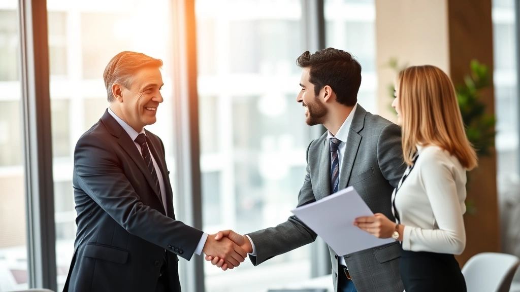 irvine ca sales tax - 
Handshake between tax professional and business client in modern conference roo