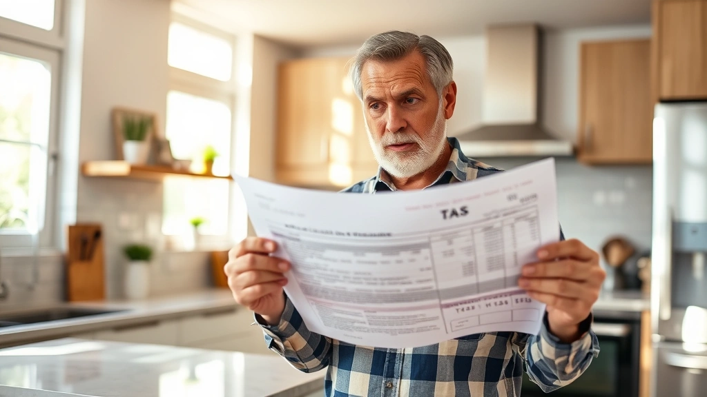 jackson county property taxes - 
Homeowner holding property tax bill looking concerned in modern kitchen with su