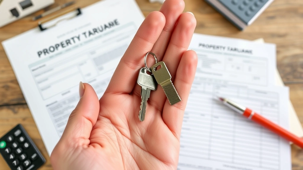 jackson county property taxes - 
Close-up of hands holding house keys and property deed with tax form in backgro
