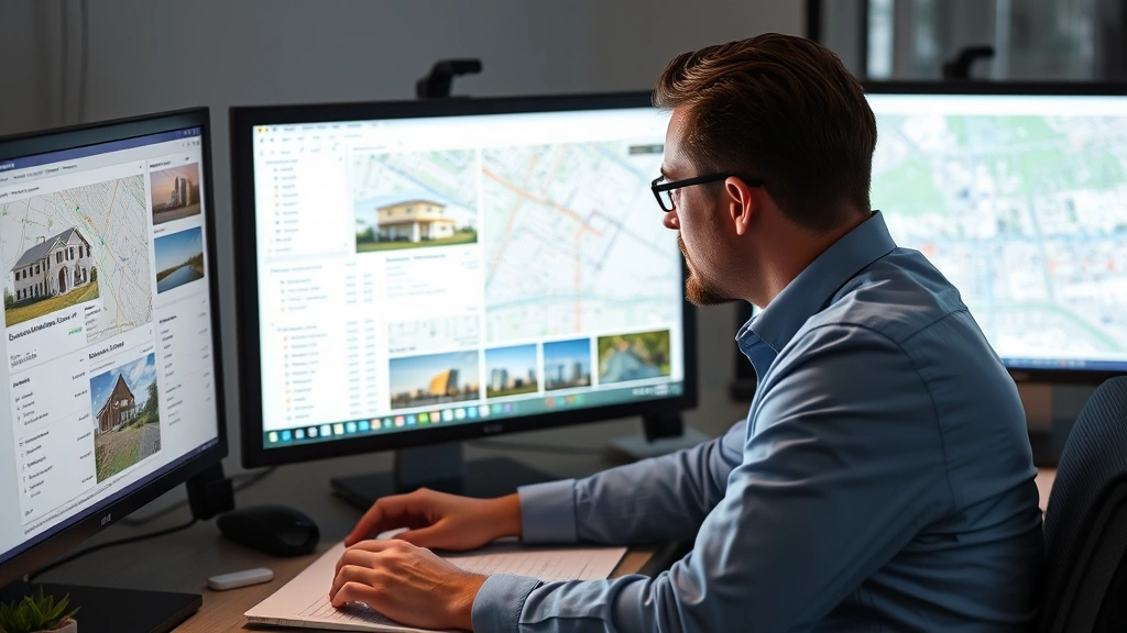 jefferson county alabama tax map - 
Real estate investor analyzing multiple property listings and tax maps on compu