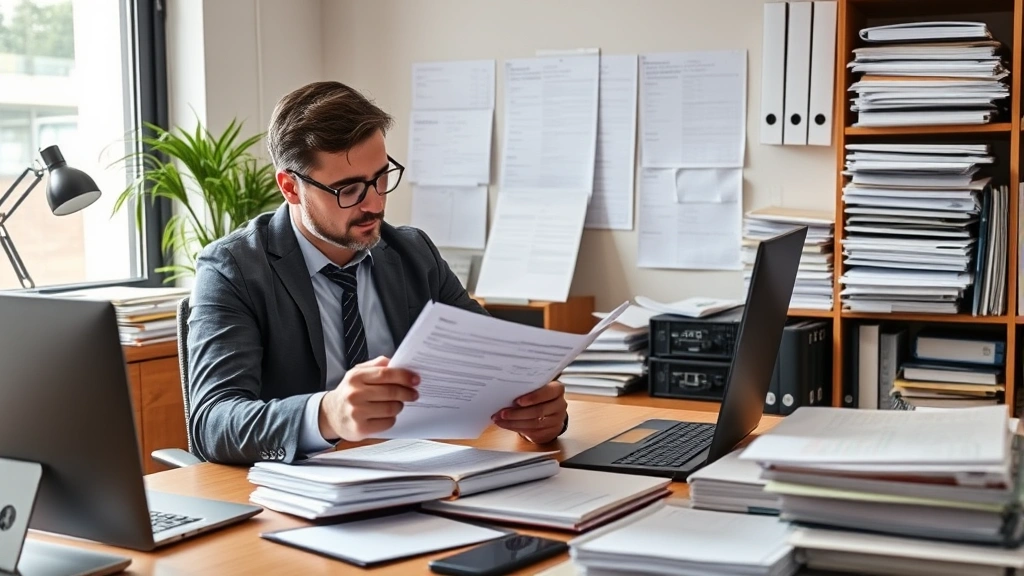 johnston county tax - 
Business owner at desk reviewing tax forms and financial statements with organi