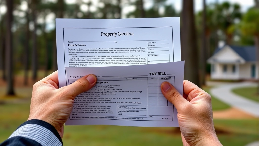 lancaster county sc taxes - 
Close-up of hands holding property deed and tax bill with South Carolina backgr