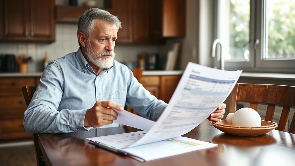 lane county tax records - 
Homeowner sitting at kitchen table with property tax paperwork, looking thought