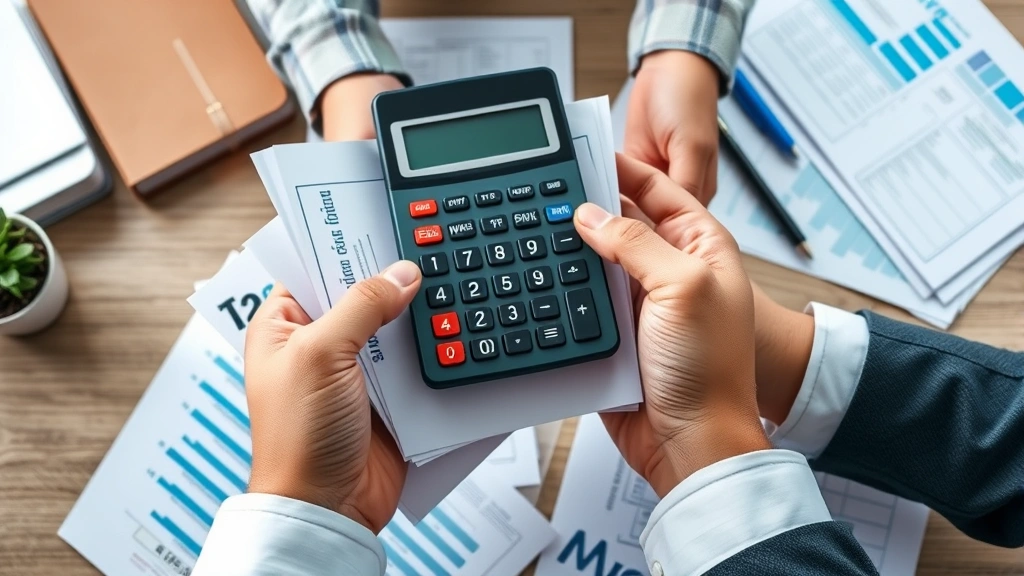 latino tax -
Close-up of hands holding tax forms and calculator, diverse hands, organized de