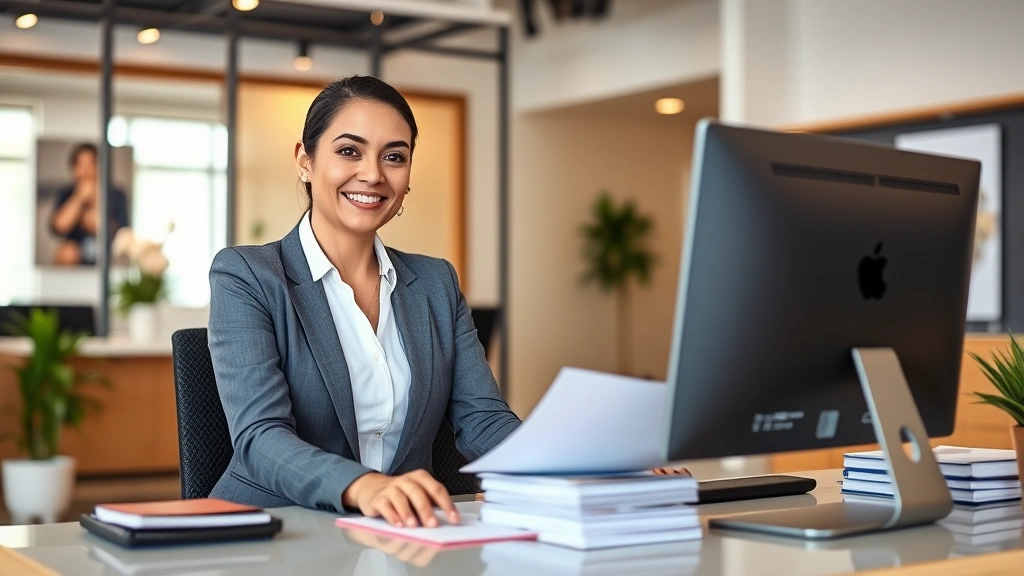 latino tax -
Modern office interior with Latino female tax advisor at desk, computer screen