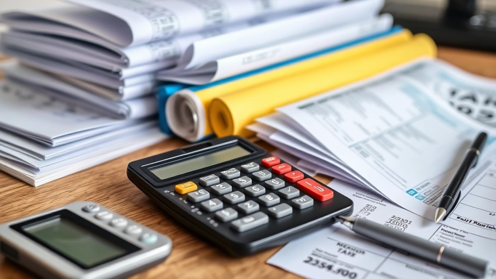 legal tax service - 
Close-up of organized tax folders and receipts on desk with calculator and pen
