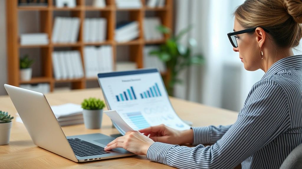 legal tax service - 
Woman reviewing financial documents on laptop screen in home office
