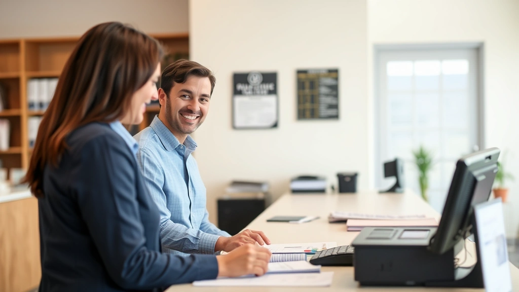levy county tax collector - 
Smiling tax professional or collector at counter helping customer, both looking