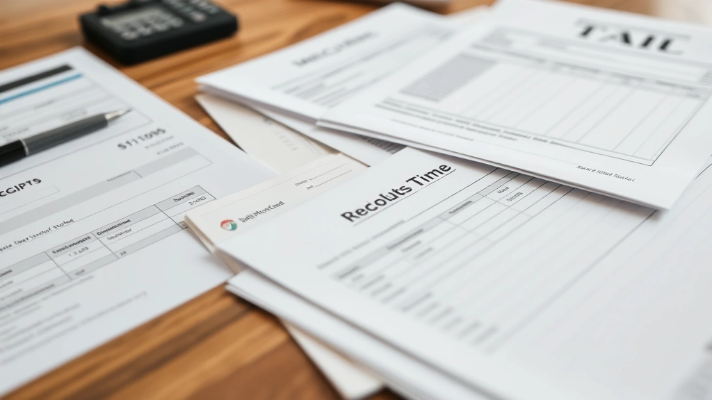 lewiston tax - 
Close-up of organized tax receipts, invoices, and financial records spread neat