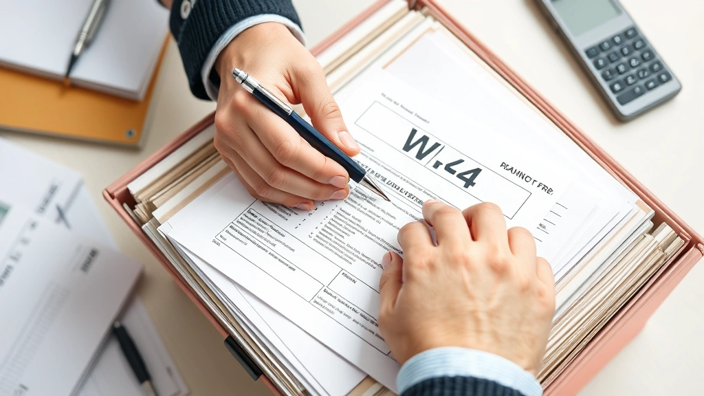 lewiston tax - 
Hands holding W-4 form and pen over organized file folders, professional busine