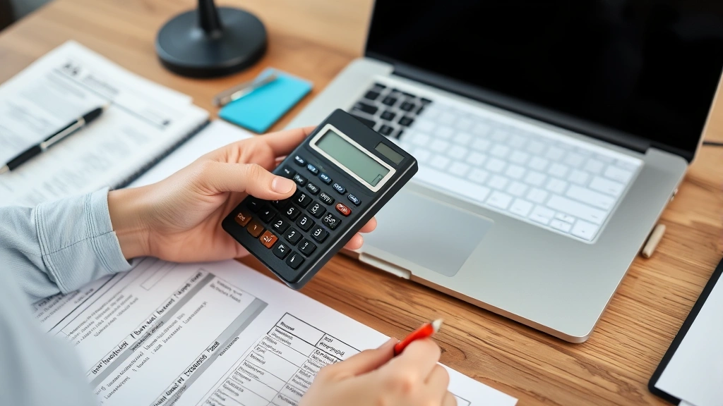 lewiston tax - 
Person calculating taxes with calculator, laptop showing tax return form, paper