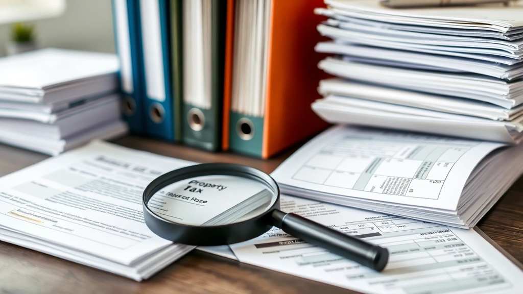 lexington county property taxes -
Organized file folders and property tax records on desk with magnifying glass,