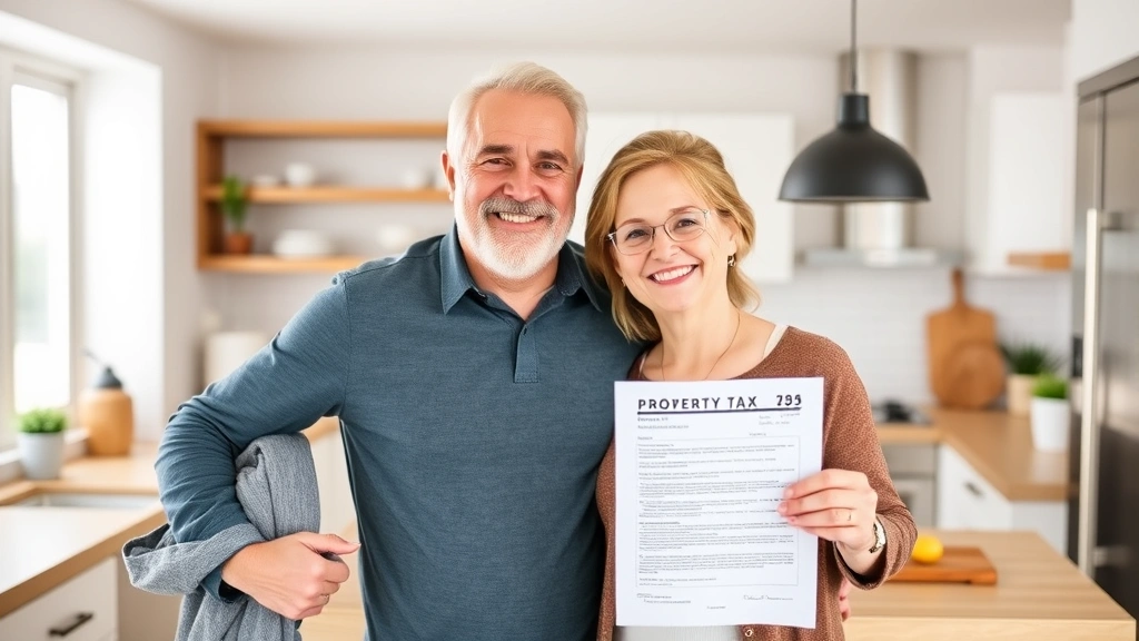 lincoln county property tax - 
Mature homeowner couple smiling while holding property tax notice letter in mod