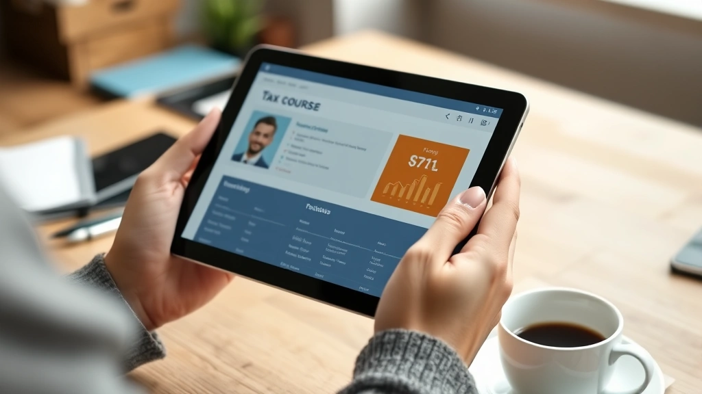 link and learn taxes - 
Close-up of hands holding tablet showing tax course video interface with clean 