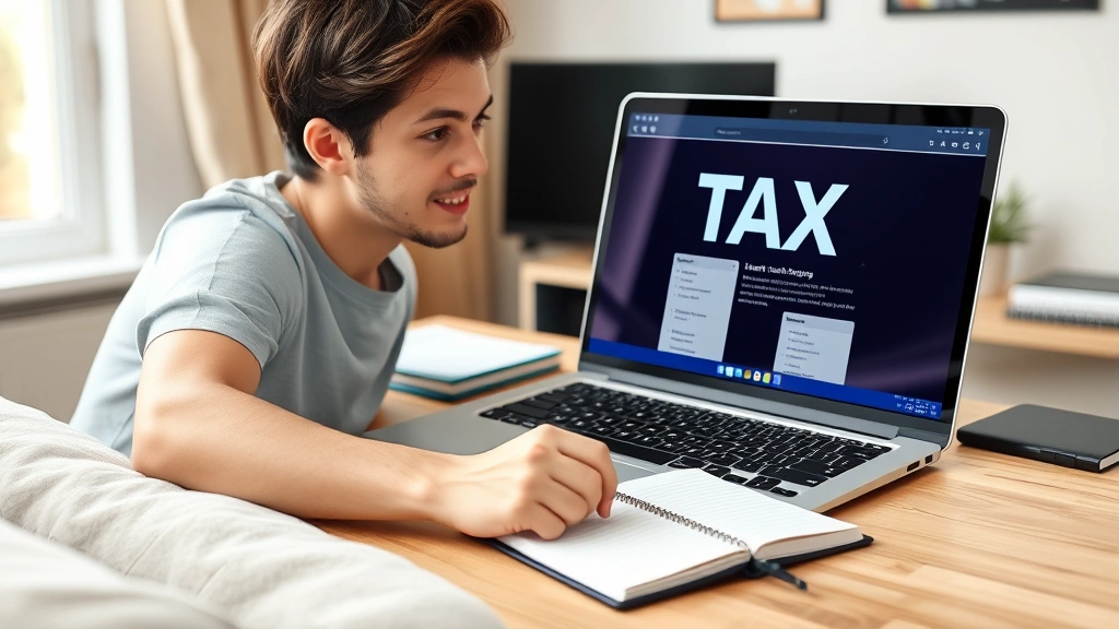 link and learn taxes - 
Young freelancer working at home office with laptop open to tax learning platfo