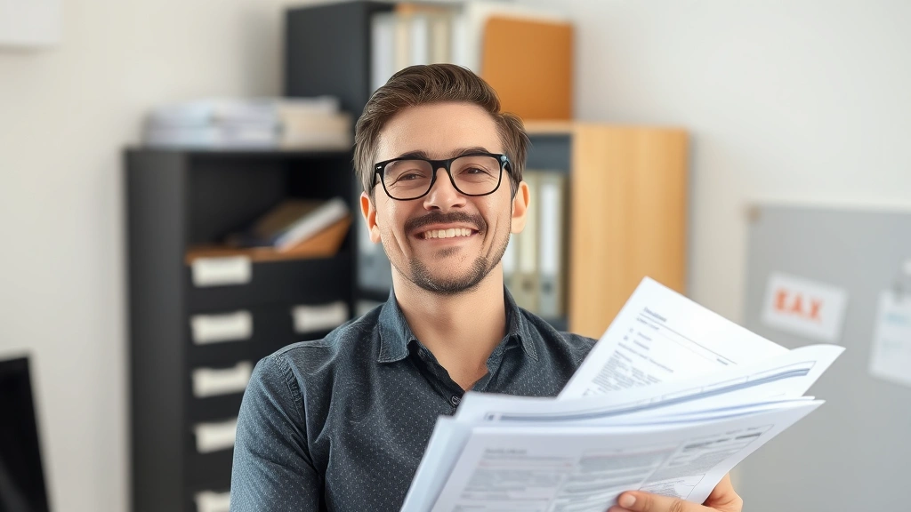 link and learn taxes - 
Person with relieved expression holding completed tax documents, organized fili