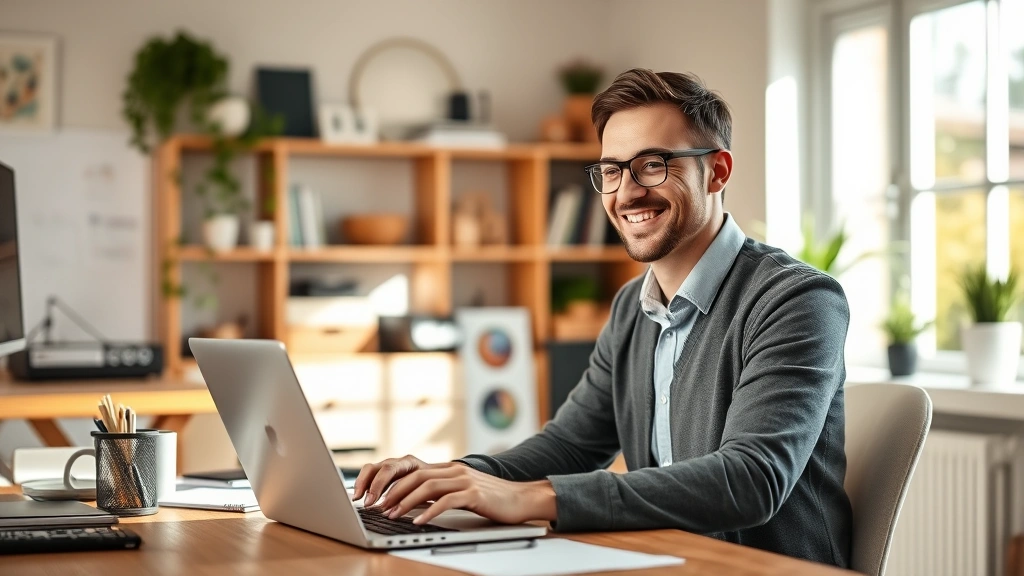 llc tax loopholes - 
Business owner smiling while working on laptop in a home office with natural li