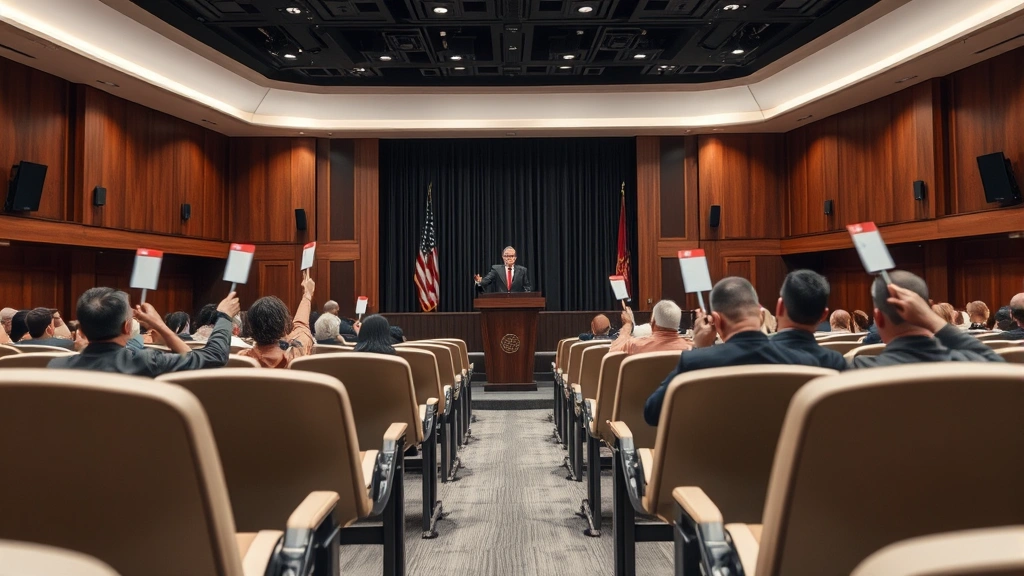 luzerne county tax claim - 
Modern auction house interior with bidding paddles, empty seats facing auctione