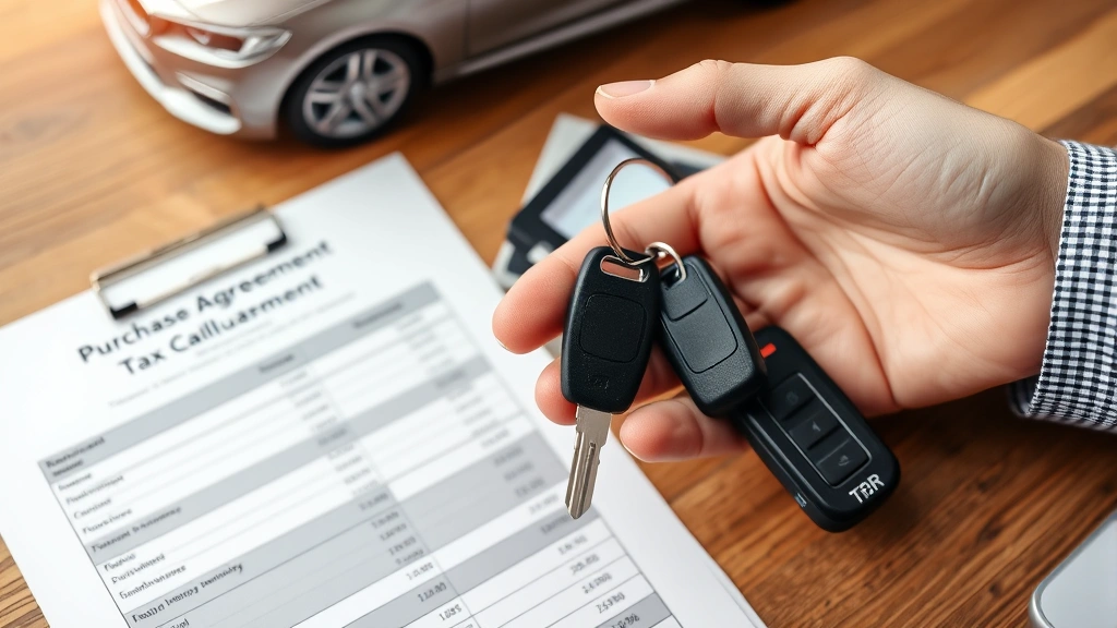 maine excise tax calculator -
Close-up of hands holding car keys next to vehicle purchase agreement and tax c