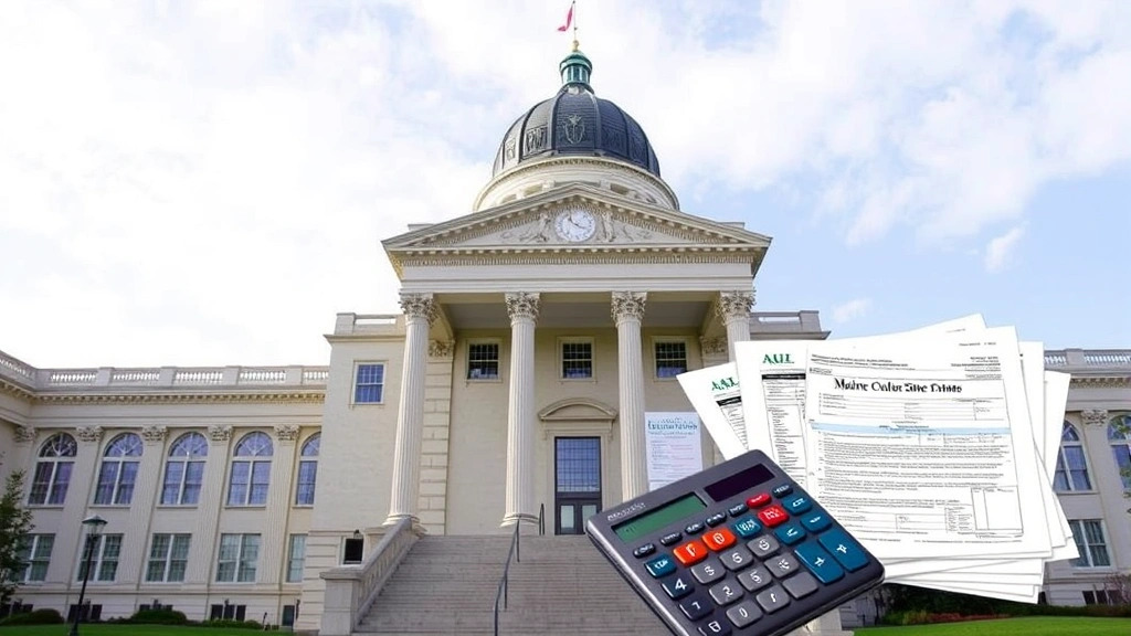 maine excise tax calculator -
Maine state capitol building exterior with tax forms and calculator in foregrou