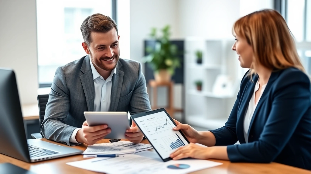 maine excise tax calculator -
Financial advisor explaining tax calculations to satisfied client using tablet