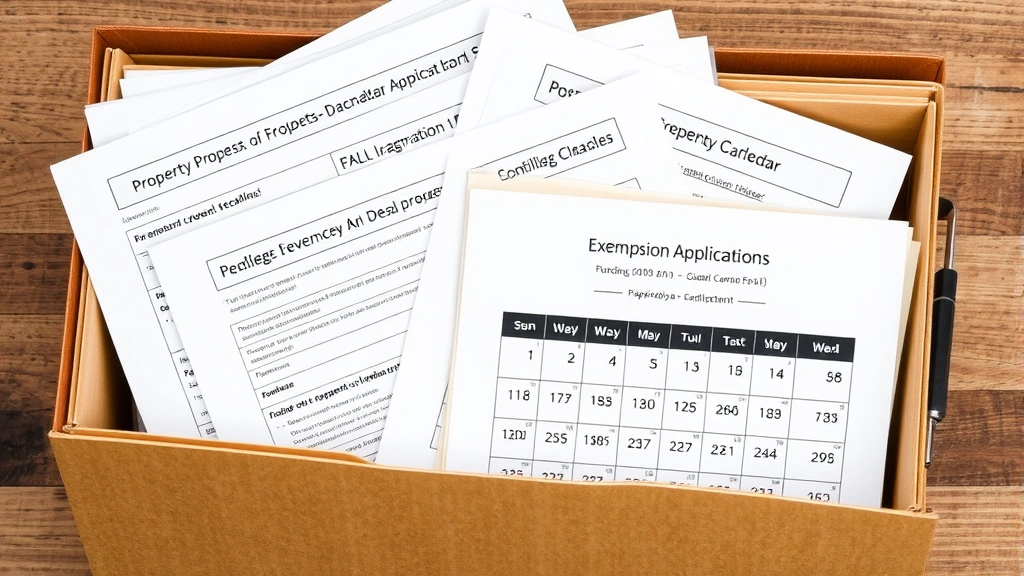 manatee county property taxes - 
Overhead shot of organized file folder with property tax records, exemption app