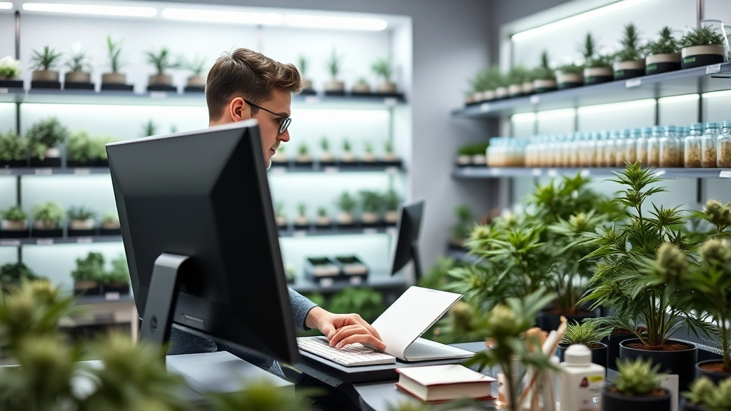 mass excise tax - 
Business owner managing inventory records on computer in cannabis retail store,