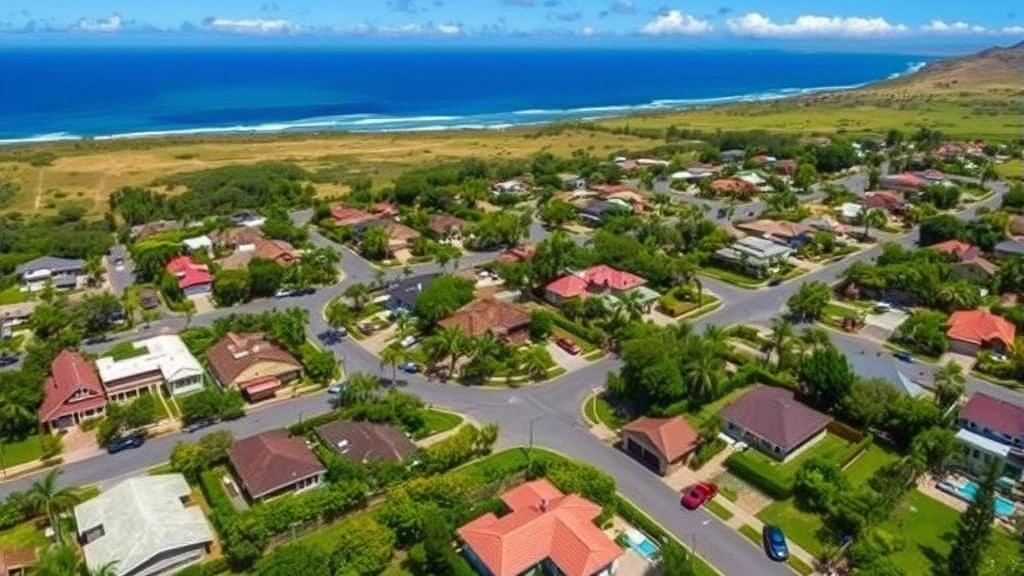 maui real estate taxes - 
Aerial view of Maui residential neighborhood with ocean backdrop showing divers
