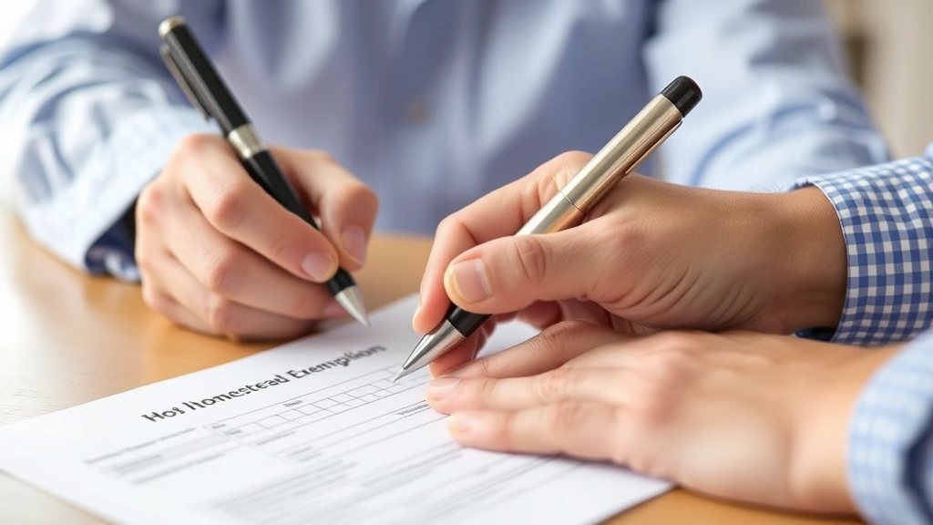 maui real estate taxes - 
Close-up of homeowner signing homestead exemption form with pen and official co