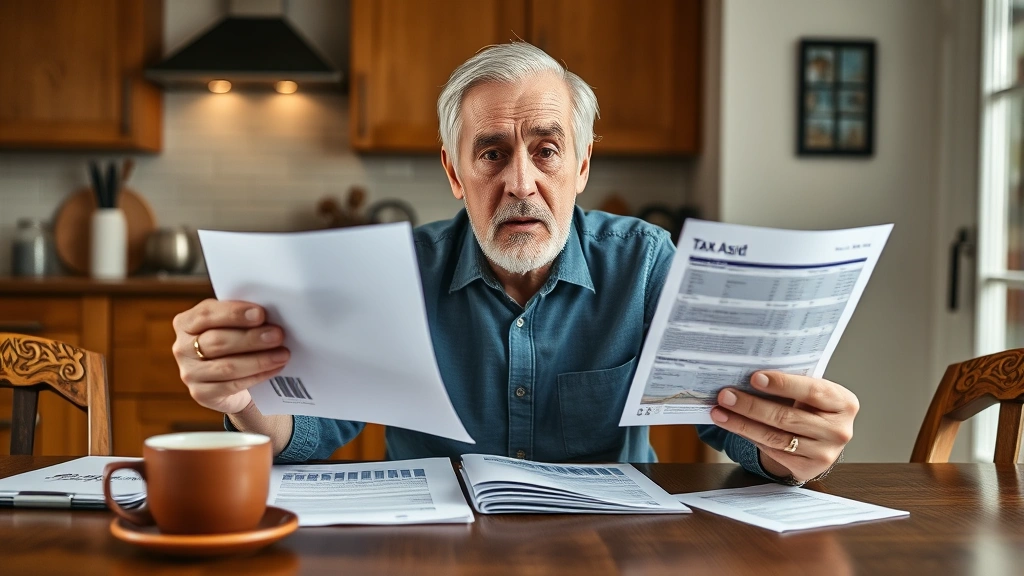 mchenry county taxes - 
Homeowner holding property tax bill with concerned expression, sitting at kitch