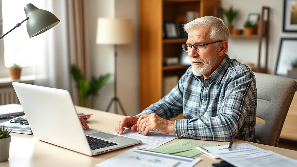 michigan homestead property tax credit - 
Senior homeowner sitting at desk with laptop, reviewing financial documents and