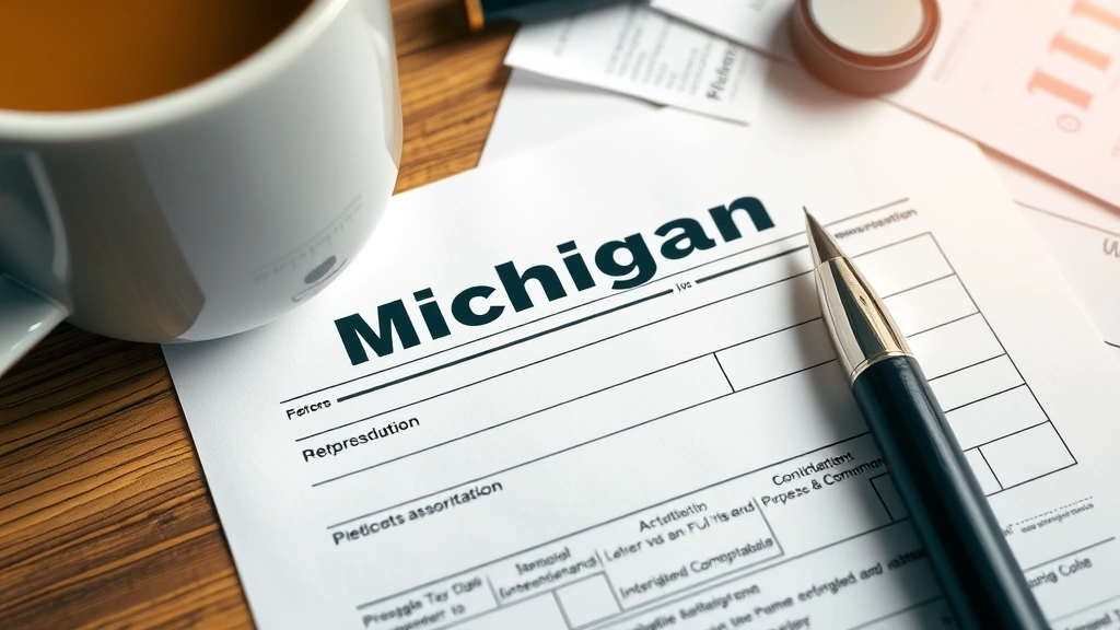 michigan income tax payment - 
Close-up of completed Michigan tax form with pen, coffee cup, and financial doc