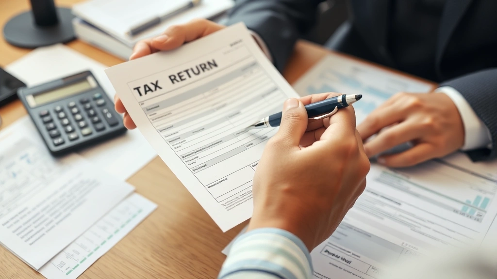 michigan state tax return status - 
Close-up of hands holding a tax return form and pen, calculator visible, organi