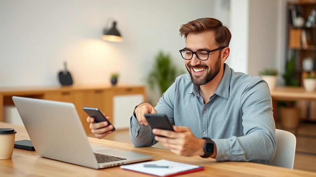 michigan state tax return status - 
Person checking bank account on smartphone with laptop nearby, relieved express