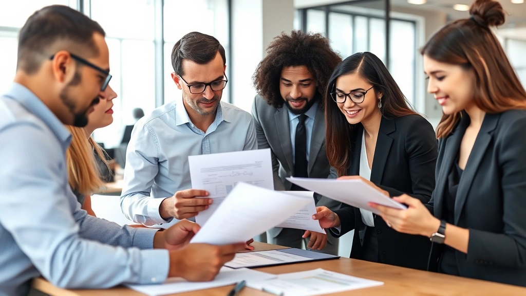 michigan state tax return status - 
Diverse group in professional setting reviewing financial documents together, c