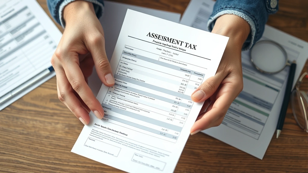 milwaukee county property tax search -
Close-up of hands holding property tax bill and assessment notice, organized pa