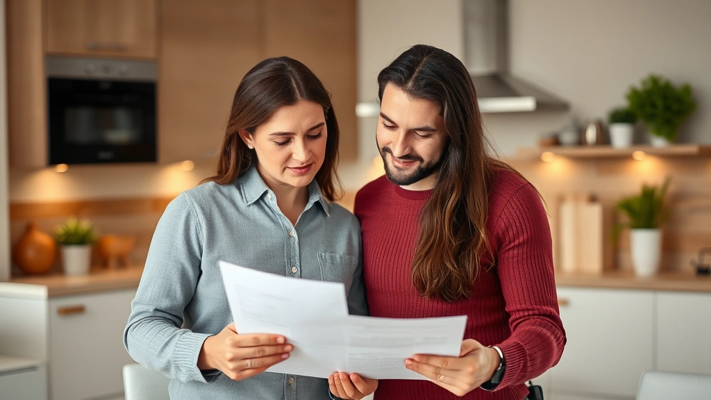 milwaukee county property tax search -
Diverse couple reviewing home assessment paperwork in contemporary kitchen, ser