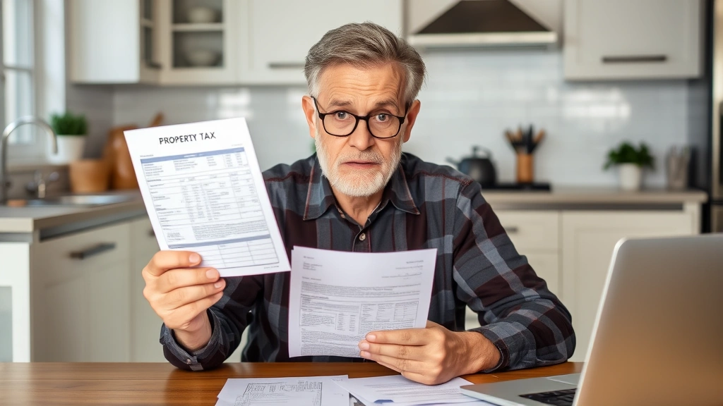 mississippi property tax - 
Homeowner holding a property tax bill with concerned expression, sitting at kit