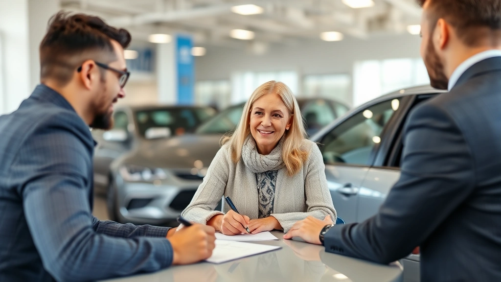 missouri car sales tax law changes - 
Diverse couple signing paperwork at car dealership with salesman present, frien