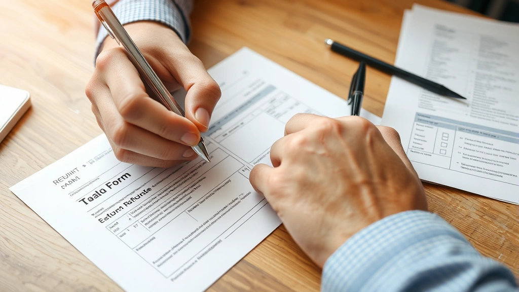 mn real estate tax refund - 
Close-up of hands completing tax refund claim form with pen and glasses on wood