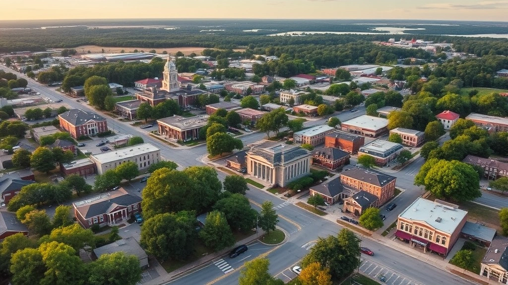 moore county tax office carthage north carolina - 
Aerial view of Carthage, North Carolina downtown with county government buildin