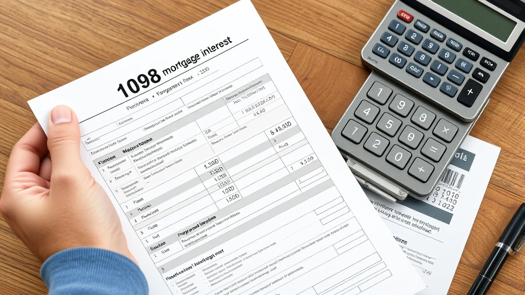 mortgage tax calculator - 
Close-up of hands holding a 1098 mortgage interest form with property tax bill 