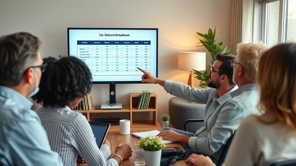 mortgage tax calculator - 
Diverse group in home office setting, one person pointing at tax deduction brea