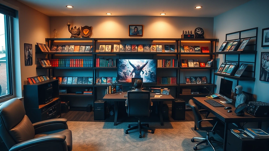 mtg commanders that ignore commander tax - 
Modern game room with organized card collection, shelving with MTG decks, warm 