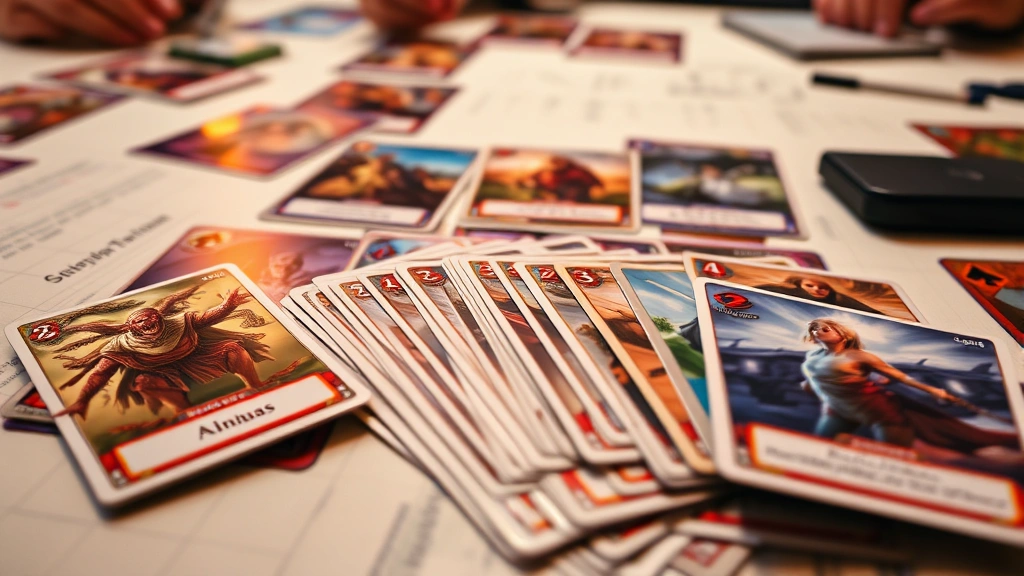 mtg land tax - 
Close-up of fantasy trading cards fanned out on table with strategic notes, war